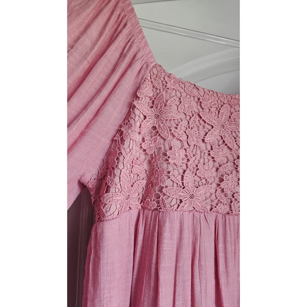 J. Gee Womens L Mini Dress Pink On/Off Shoulder Lace Bodice Smocked Romantic - Picture 6 of 9